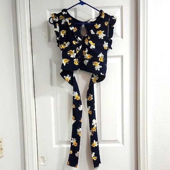 J.O.A. Tops - J.O.A. Navy Floral Tie-Front Top